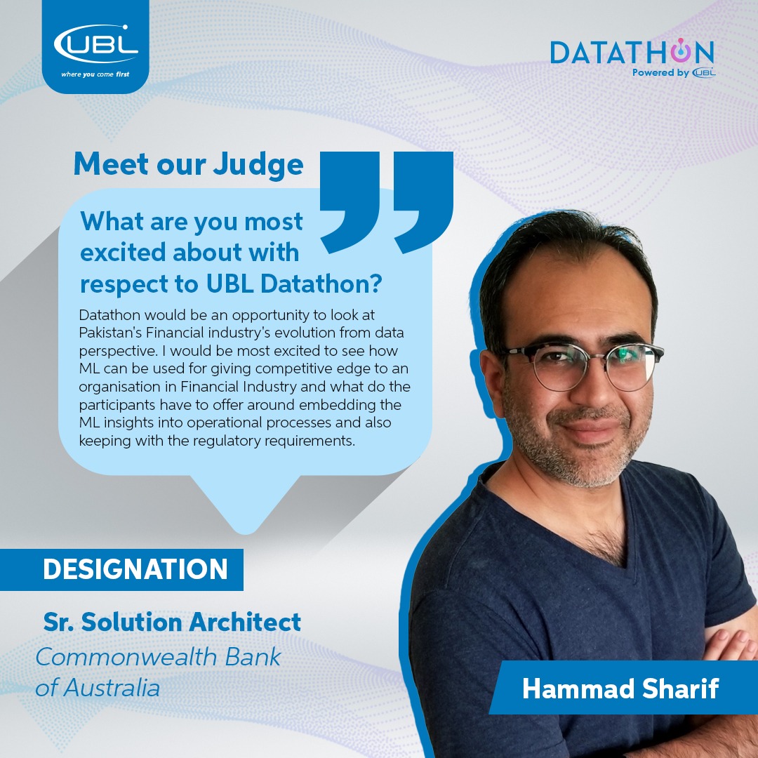 UBLDigital's tweet photo. Meet our next highly valued judge, Hammad Sharif, who is the senior solution architect at the Commonwealth Bank of Australia. Having accomplished several milestones in the data industry, he will be sure to induce immense learning in the minds of our data enthusiasts
#UBLDatathon https://t.co/LTt7ddppVs