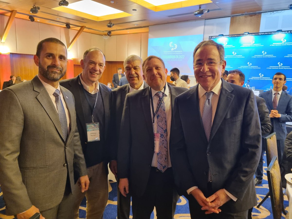 ShalomLipner's tweet photo. Celebrating the #AbrahamAccords at @Conf_of_Pres in #Jerusalem w/@USAmbIsrael,  @BahrainAmbIsr, @morocco_israel Amb Beyyoudh and my @AtlanticCouncil colleague @jhferziger.

Congrats to @daroff on a successful #COPIsrael2022. https://t.co/fBOdtiKHk9
