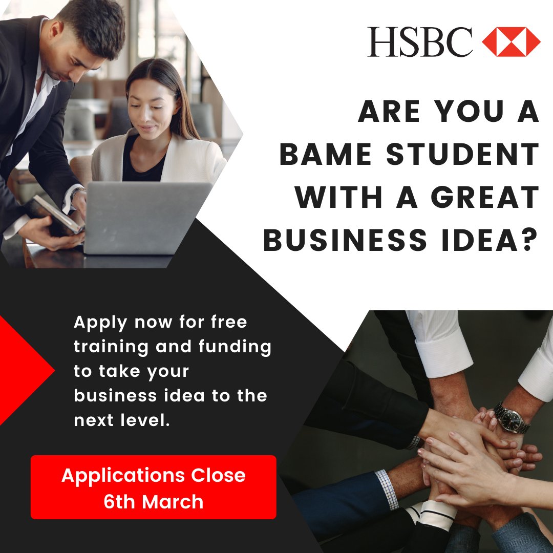 Are you a black or ethnic minority student with a great business idea? Apply now for free training and funding! 

More details and application form here > forms.office.com/r/f1534TaBMM
Deadline to apply:  6th March 2022