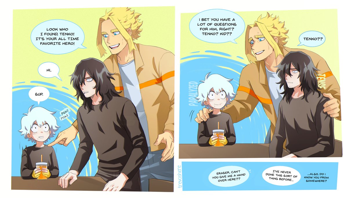 Trevoshere's tweet photo. AU where All Might finds Tenko and raises him - Part 2
Eraserhead's first autograph🖊️✨ https://t.co/WhKPdp5nBh