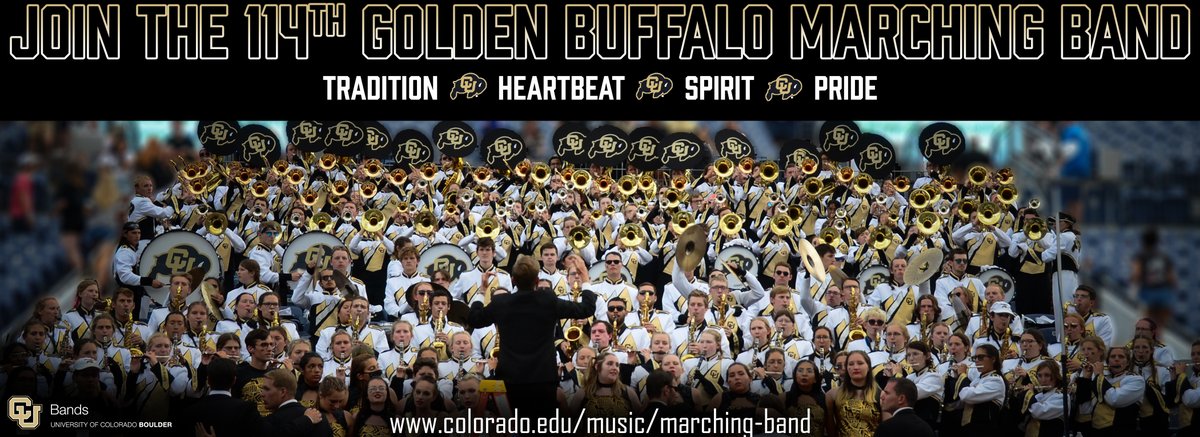 GoldenBuffaloMB's tweet photo. 📣 Join the 2022 Golden Buffalo Marching Band! Check out our website for more information. Audition videos due by June 1st. Go Buffs! 🦬 #114 #jointheherd #cuboulder #gbmb #thsp 📣 https://t.co/pQNmnXAIGR