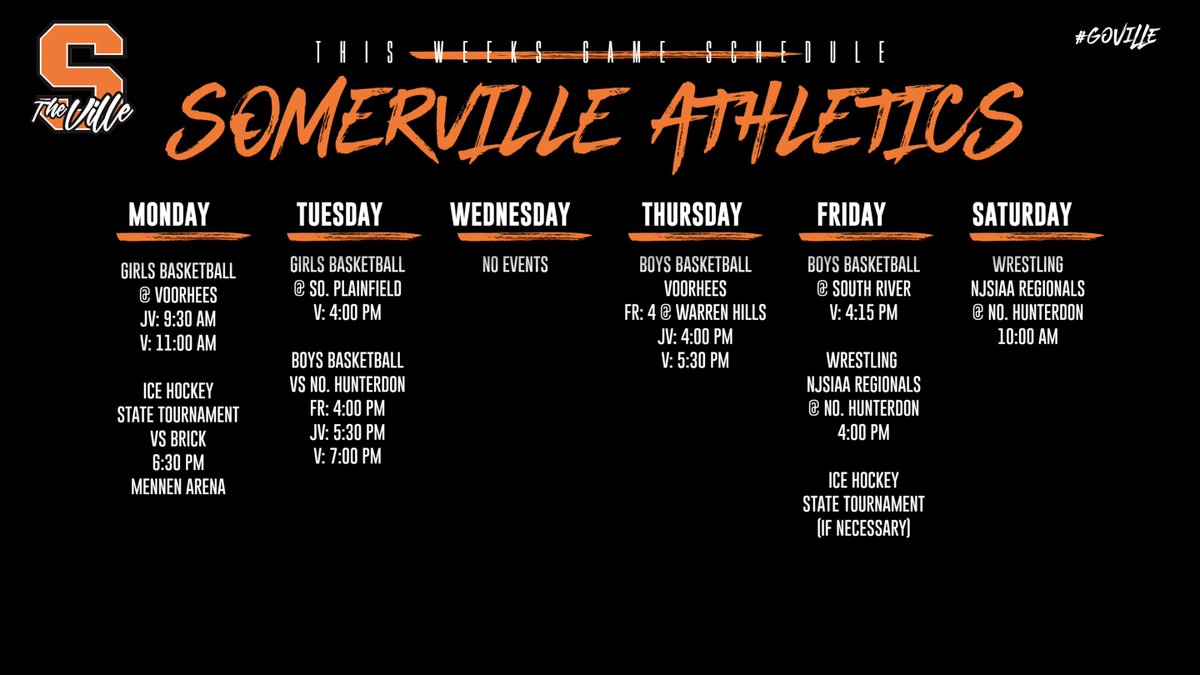 Another big week here at the Ville:

🏀I State tournament prep for both the boys &amp; girls basketball teams.
🤼‍♂️I Regions this weekend for the wrestling team.
🏒I State Tournament starts for BSM hockey.

<a href="/GFoleySHS/">Gerard Foley</a> <a href="/SomervilleHSNJ/">Somerville High School</a>  @Ville_Sup 

#goVILLE