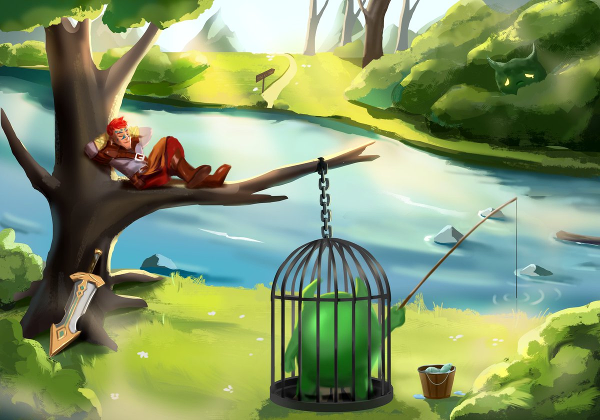 Fan art <a href="/SynergyLandGame/">Realms Of Alurya</a> series "The world i imagine #2"
Happy that i caught a monster today in the wilderness and now it help me do the fishing, so tired, gonna take a nap

#art #fanart #synergylandgame