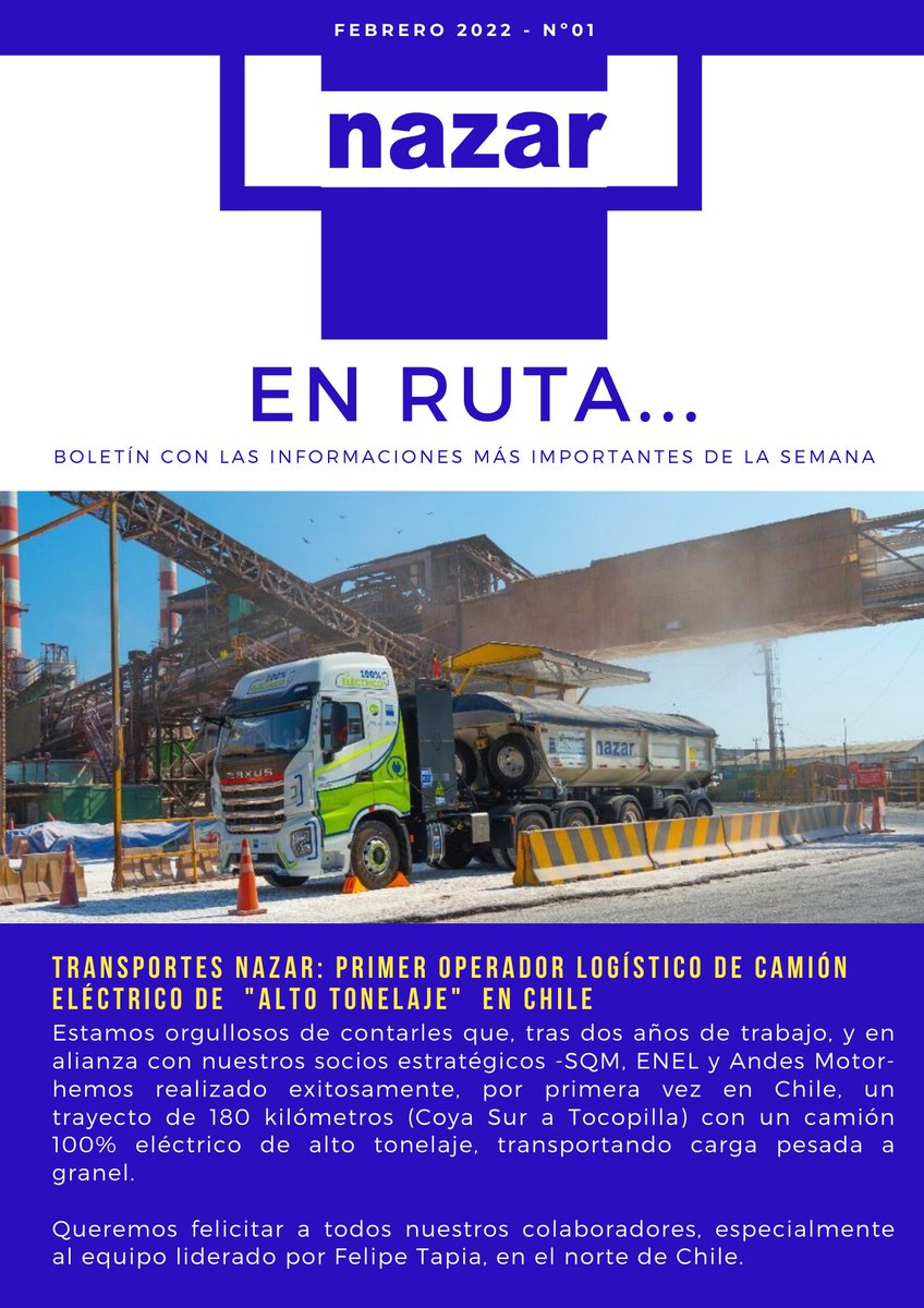 TranspNazar's tweet photo. ⚠️Información Importante⚠️
Transportes Nazar: Primer Operador Logístico de Camión Eléctrico de Alto Tonelaje, de la mano de SQM, ENEL y Andes Motor
#camionelectrico #camionaltotonelaje #transportesnazar #camiones @Emol @lun @PublimetroChile @biobio @adnradiochile https://t.co/teK2bUbWB2