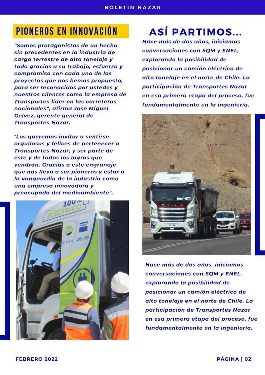 TranspNazar's tweet photo. ⚠️Información Importante⚠️
Transportes Nazar: Primer Operador Logístico de Camión Eléctrico de Alto Tonelaje, de la mano de SQM, ENEL y Andes Motor
#camionelectrico #camionaltotonelaje #transportesnazar #camiones @Emol @lun @PublimetroChile @biobio @adnradiochile https://t.co/teK2bUbWB2