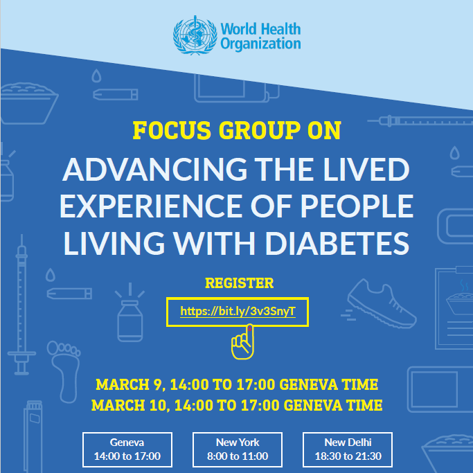 Jandelliott's tweet photo. ๐ขDear people living w diabetes, @WHO is holding focus groups March 9 & 10. If interested and want to know more, check out the expression of interest and tell us about yourself and what topics you'd like to see discussed here: https://t.co/qsdPtVc7k4 ๐ข #diabetes #T2D #T1D #NCDs https://t.co/sUhH0hc4nl