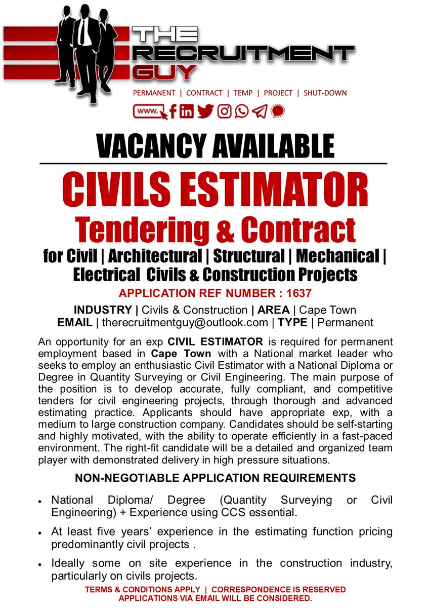 GuyRecruitment's tweet image. An opportunity for an experienced CIVIL ESTIMATOR is required for permanent employment based in Cape Town.
#TheRecruitmentGuy
#CapeTown
#CivilEstimator
#QuantitySurveying
#CivilEngineering
#Construction
#CivilProjects
#CCS