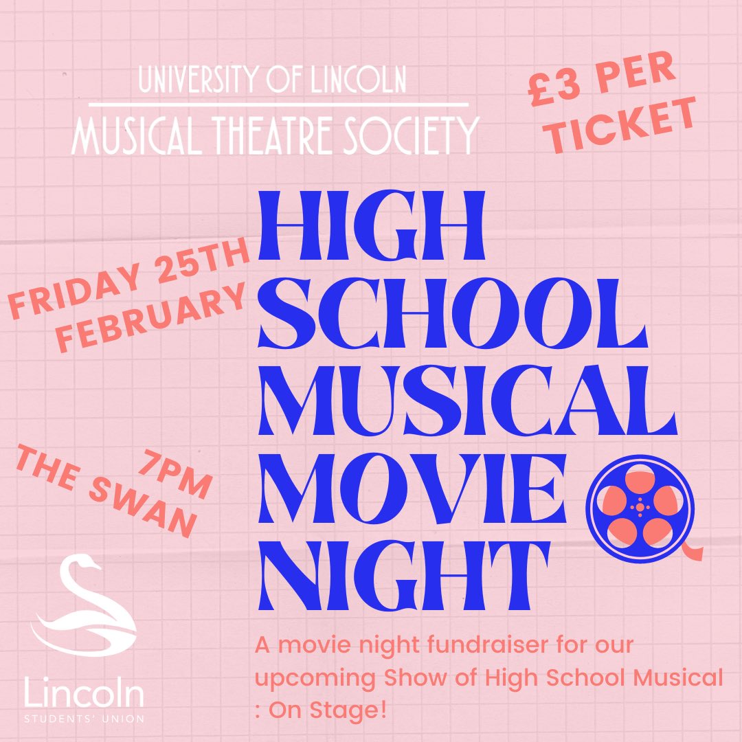 ULMusicals's tweet photo. Come along to our High School Musical Film Fundraiser this Friday 25th February. Top floor of the Swan at 7pm. Song and Dance along to this iconic Disney musical only £3 a ticket: https://t.co/kpywRadFxf 
We look forward to seeing you there. https://t.co/0UJbOj9qUN