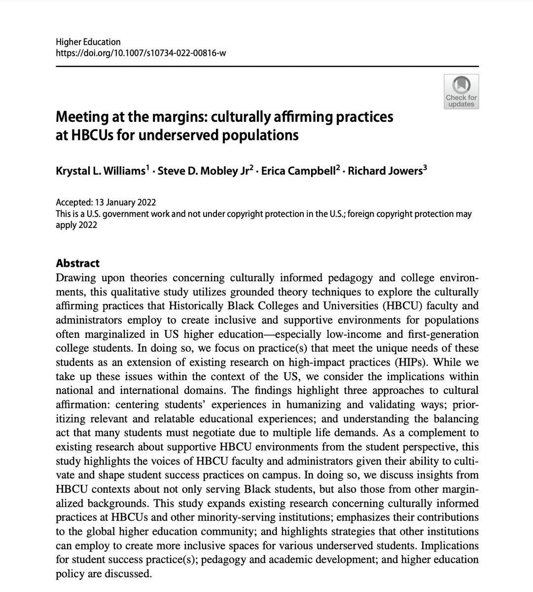 EdPolicyEquity's tweet image. The #HBCUs in this study enacted an #antideficit invisible curriculum to disrupt the status quo, validate students &amp;amp; help them to unlearn negative perceptions about their abilities.
#Ed_PERC #D9 #HBCUResearchCollab #highered

link.springer.com/article/10.100…
