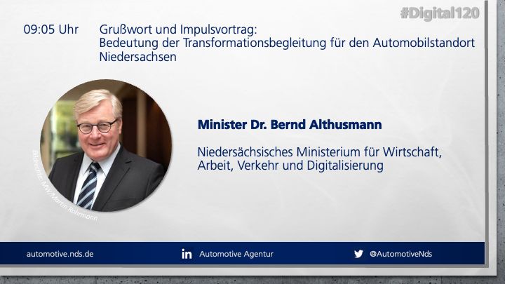 AutomotiveNds's tweet photo. Wir freuen uns, dass Wirtschaftsminister Dr. Bernd Althusmann die #Transformationsbegleitung der Automotive Agentur Niedersachsen im Rahmen des Online-Seminars #Digital120 vorstellt. 
Gemeinsam gestalten wir die #Mobilität von morgen in #Niedersachsen. https://t.co/HsPtxOZp7H. https://t.co/gCeWKbA99P