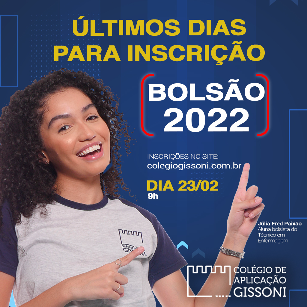 Não perca mais tempo e faça o Bolsão 2022 do colégio com a maior estrutura da região.

Venha conhecer nossos cursos técnicos, dezenas de laboratórios, um Centro Esportivo completo e ainda benefícios incríveis para os novos alunos.

#EnsinoMédio #EnsinoTécnico #ColégioGissoni