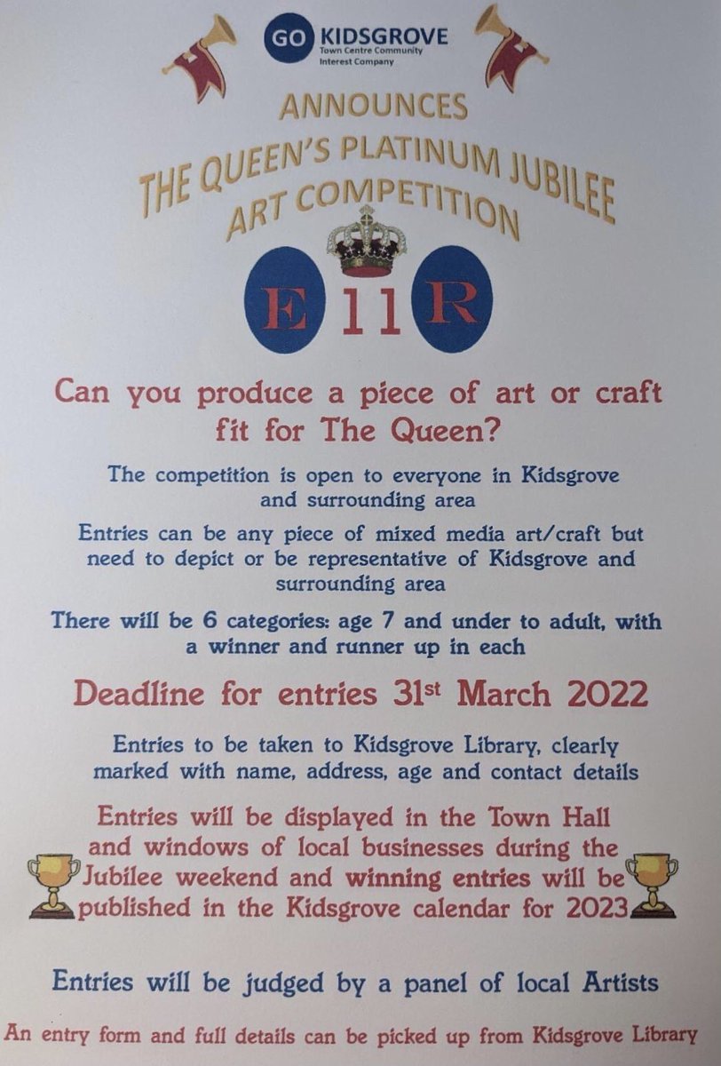 Get your creative juices flowing! Enter the <a href="/gokidsgrove/">GO KIDSGROVE</a> #jubilee Arts Competition. 6 age categories, any media, closing date 31 March. <a href="/babababoon2017/">BabaBaboon2017</a> <a href="/thehitmix/">The Hitmix 107.5 FM</a> <a href="/kidsgrovesport/">Kidsgrove Sports Centre</a> <a href="/coopMPkidsgrove/">Co-op Member Pioneer for Kidsgrove & Biddulph</a> <a href="/NewsKTC/">Kidsgrove TC</a> <a href="/kidsgrovescouts/">Kidsgrove Scouts</a>