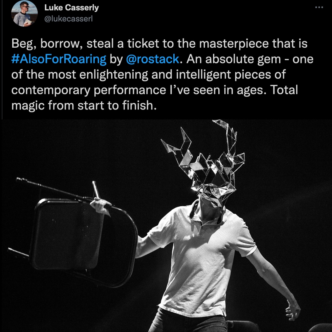 BelltableLimk's tweet photo. Also for Roaring
Sat 26 February at 8pm
Fitting for the times we're in, Also for Roaring is a performance very much in the world of the current internet age.
Tix: https://t.co/9YiLxTUuNW
#alsoforroaring #theatre #Limerick https://t.co/2dxyBa188z
