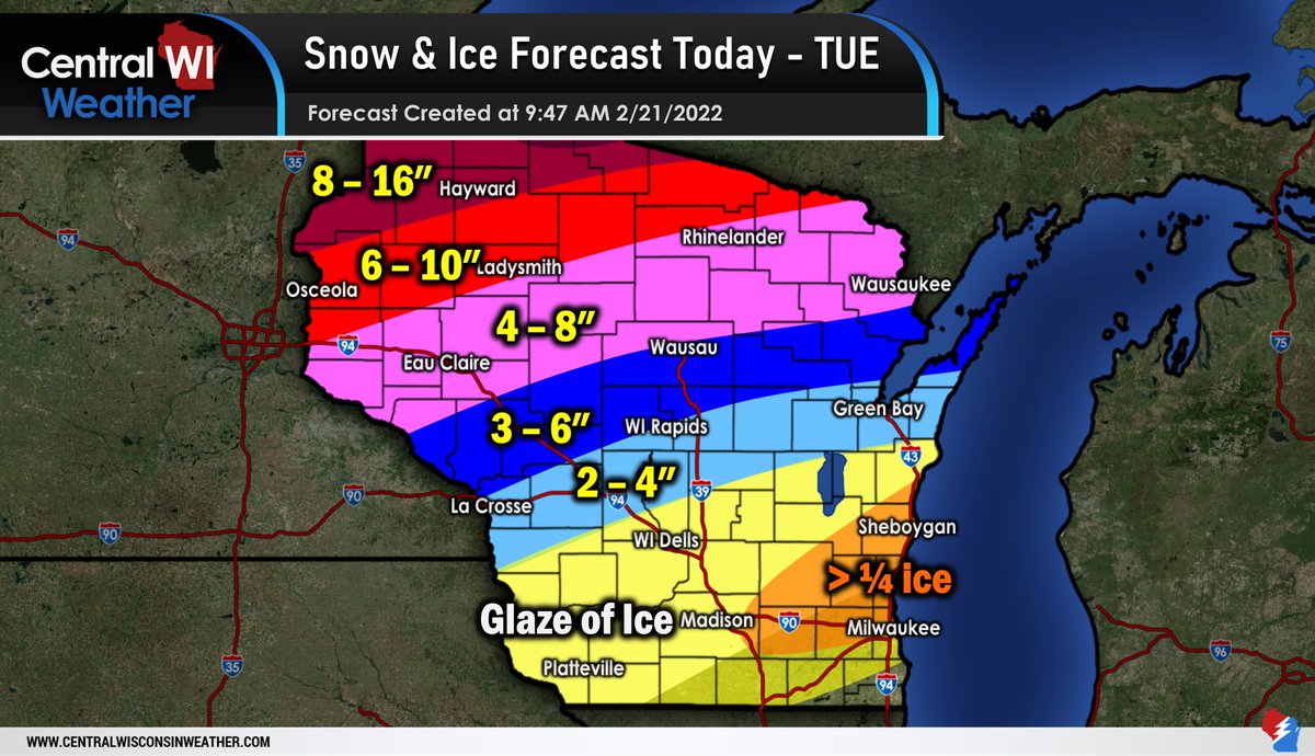 WisconsinWx's tweet photo. Here is your updated storm total snowfall and ice forecast (this does include the snow that has already fallen across far northwestern Wisconsin). However, the majority of this precipitation is expected late Monday evening through Tuesday evening. #wiwx https://t.co/slsxqmovDM