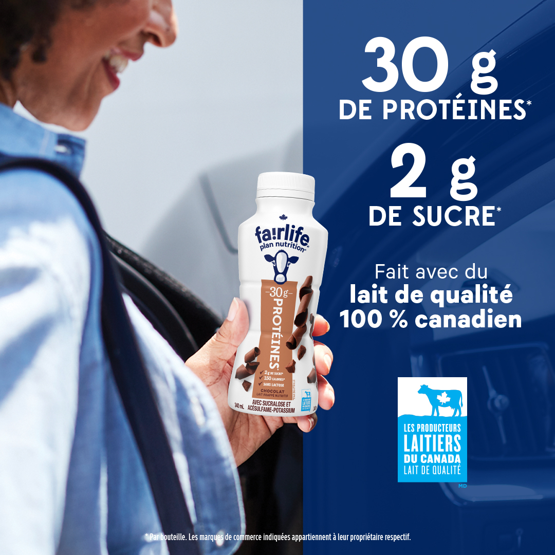 Avez-vous essayé notre nouveau lait frappé nutritif ? Avec 30 g de protéines provenant du lait et seulement 2 g de sucre, c'est l'en-cas parfait pour votre journée ! De plus, il est sans lactose !