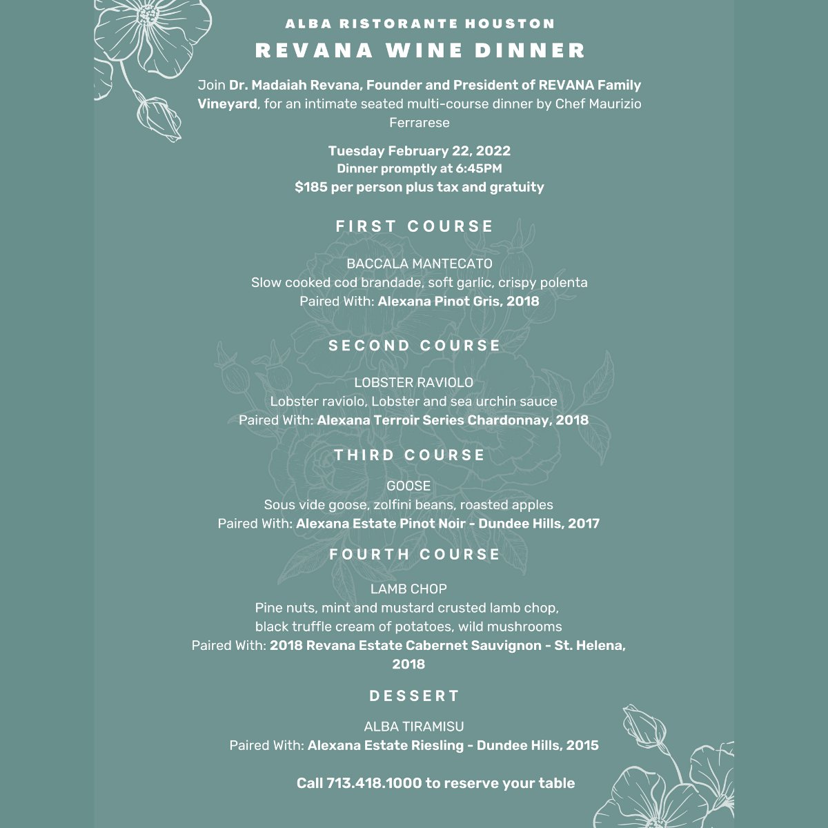 Any plans for dinner tomorrow evening? 🍷 Join us at #AlbaRistorante’s Revana Wine Dinner! Experience a multi-course menu complete with wine pairings and dessert for $185 per person plus tax and gratuity.

Please call us at (713) 418-1000 to make your reservation.
#houstontx