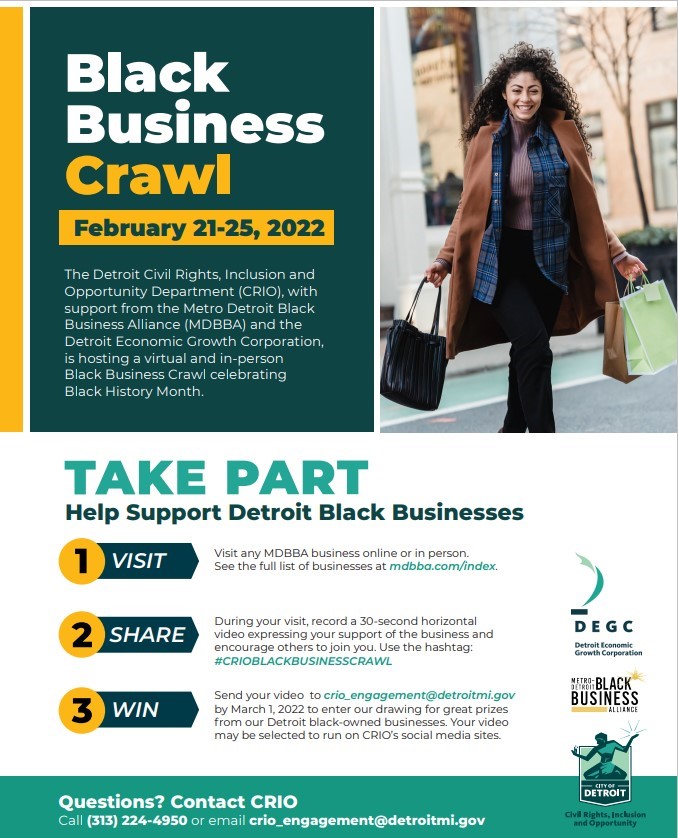 The Black Business Crawl starts now through Friday! 🛍️

#TakePart in supporting Black businesses across Metro-Detroit! 

See the full list of businesses at MDBBA.com/index
#CRIOBLACKBUSINESSCRAWL
