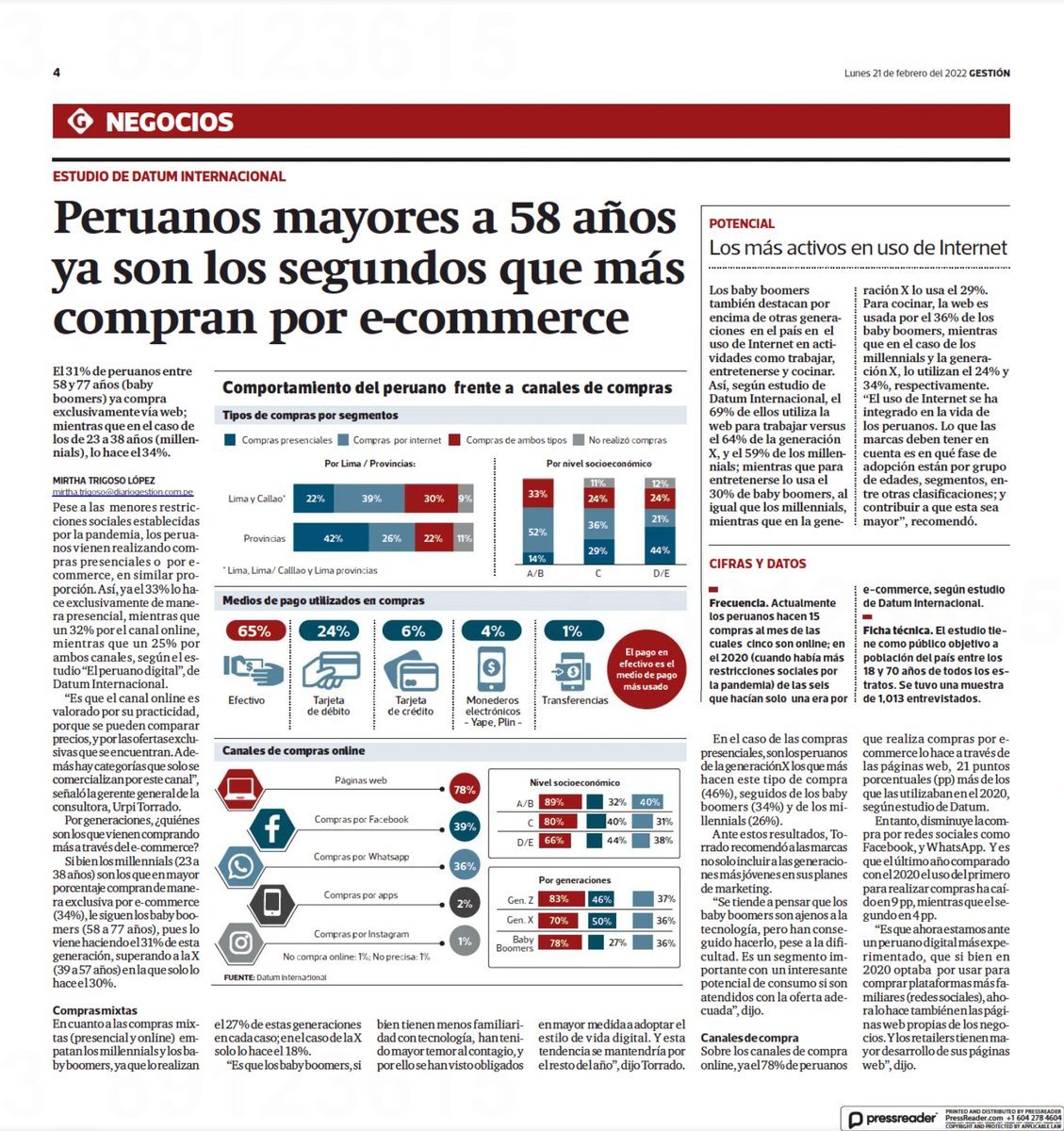 DatumPeru's tweet photo. #Artículo📰 | El uso de #Internet se ha integrado en la vida de los #peruanos. El 33%, hace exclusivamente compras de manera presencial mientras que el 32%, por canal online; además, el 25%, utiliza ambos canales. Nota gracias a @Gestionpe👇#ExpandiendoConocimiento #ISO20252 https://t.co/t3p2Gyj0l2