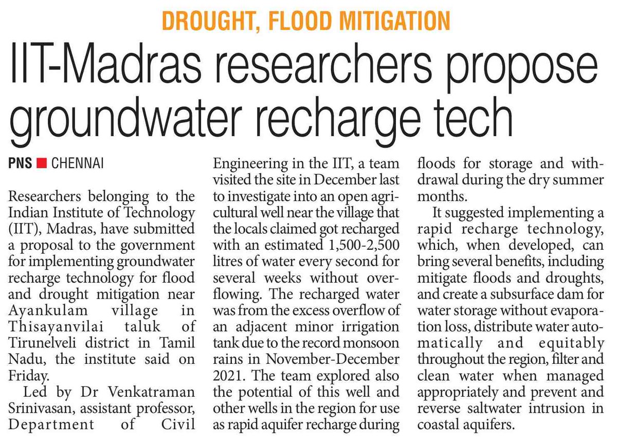 FGCTweets's tweet photo. Researchers from @ecohydrologylab of @iitmadras propose implementing a rapid groundwater recharge technology for combined #flood &amp; #drought mitigation in #Ayankulam village of #Tirunelveli Proposal submitted to @Collectortnv

https://t.co/ZuPNtRPnqd

@PTTVOnlineNews @CMOTamilNadu https://t.co/zB1rdiKbi6