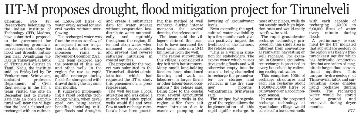 FGCTweets's tweet photo. Researchers from @ecohydrologylab of @iitmadras propose implementing a rapid groundwater recharge technology for combined #flood &amp; #drought mitigation in #Ayankulam village of #Tirunelveli Proposal submitted to @Collectortnv

https://t.co/ZuPNtRPnqd

@PTTVOnlineNews @CMOTamilNadu https://t.co/zB1rdiKbi6