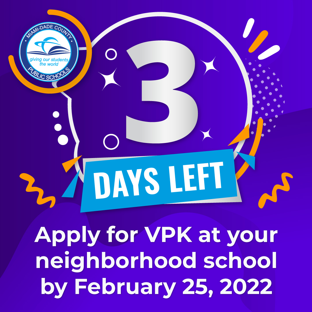 MDCPS's tweet photo. The countdown is on! The @MDCPS VPK Lottery will take place on Friday, 02/25/22. If your child will be 4 years old by September 1st, be sure to visit your neighborhood school to apply. Find your nearest school by visiting https://t.co/Av56lex8NS. #wherelearningbegins @MDCPS_OECP https://t.co/0CL3vz1dQI