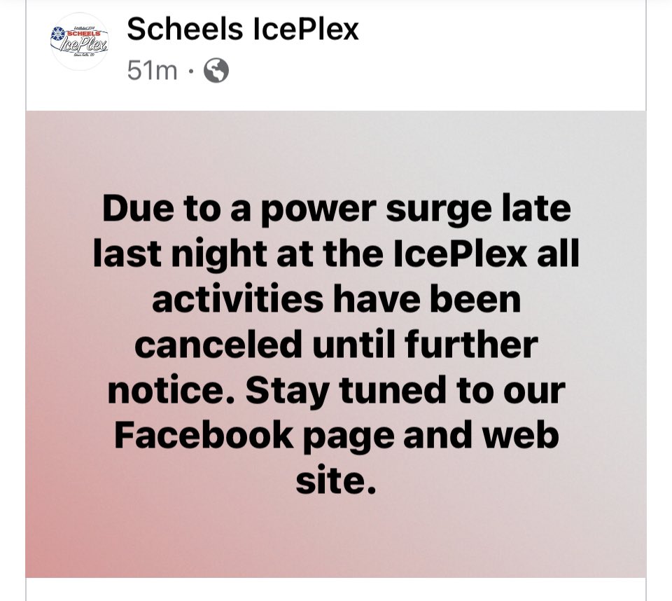 SFYHA's tweet photo. Stay tuned for updates. Hoping the IcePlex gets back up and running so we can be on the ice tonight with minimal interruption in Flyers activities. https://t.co/BvtBwRmpTL