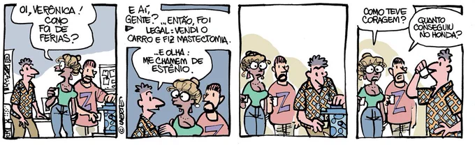 Há uns anos, comecei a trabalhar um personagem homem trans, o Estênio. Gosto especialmente dessa tira, quando ele conta no trabalho sobre suas férias: 