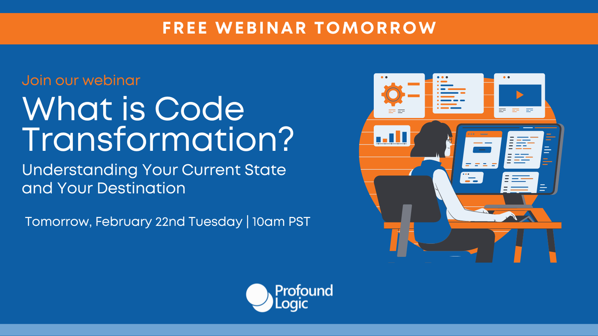 ProfoundLogic's tweet image. 🚨 FREE WEBINAR TOMORROW 🚨 Understanding your business requirements is imperative to ensure #CodeTransformation success! Join Brian May, tomorrow for a lesson on code transformation and how understanding your current state is your key to triumph ➡️ hubs.la/Q012Lg6g0.