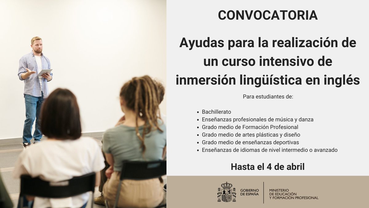educaciongob's tweet photo. 🚨Convocadas 2.400 ayudas para la realización de un curso intensivo de inmersión lingüística en inglés. 

👉Para estudiantes que hayan recibido una beca en el curso 2021-2022 y que cumplan con los demás requisitos. Hasta el 4 de abril.

ℹ️https://t.co/7f7BzrW9MD https://t.co/fwzOKfAD78