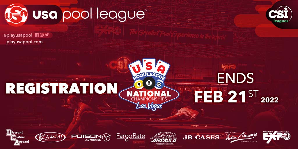 ⌛🇺🇸 𝗧𝗢𝗗𝗔𝗬 𝗜𝗦 𝗧𝗛𝗘 𝗟𝗔𝗦𝗧 𝗗𝗔𝗬 𝗧𝗢 𝗥𝗘𝗚𝗜𝗦𝗧𝗘𝗥 for the USA Pool League National Championships. You do not have to win your way to Las Vegas...any USA Pool League member can become eligible. Register right now at playcsipool.com/2022-usapl-nat… before it's too late.