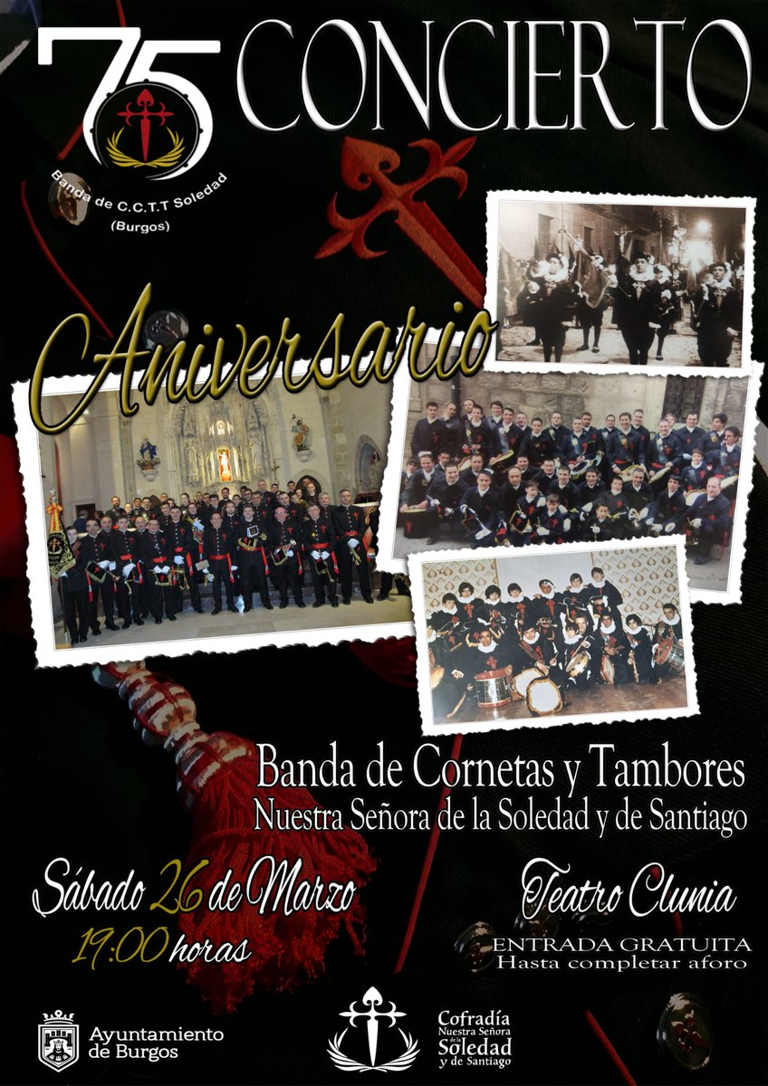 rgp0014's tweet photo. 📆 Sábado 26 de Marzo 2022.
🕖 19:00h. 📌 Teatro Clunia.
🎼Concierto 75° Aniversario. 1947-2022.
Banda de CCTT Nuestra Señora de la Soledad y Santiago.🎺🥁 @LaSoledadBurgos @SSantaBU @Aytoburgos https://t.co/xjoJcZFagD