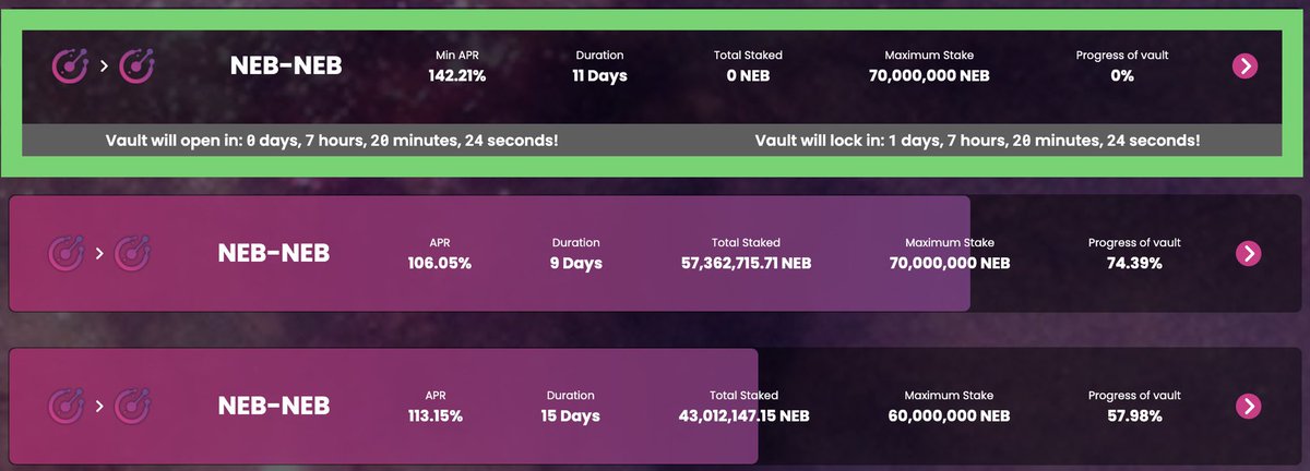 Nebula is releasing our latest app on the 24th - any user can create their own vault to issue tokens. Users will also be able to sort vaults for easier site navigation. Don’t forget our latest NEB vault also opens for staking in ~7h. Nebulamden.finance