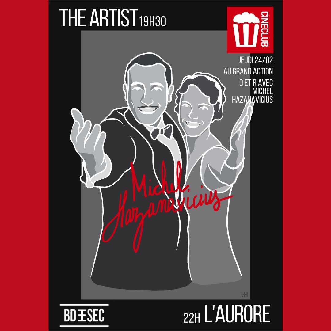 🎟️ Le BDE de l’école organise un ciné-club par mois 

🎬 Jeudi 24 février, (re)découvrez le film culte The Artist !

🎥 Vous aurez le privilège de rencontrer son réalisateur @hazanaviciusmichel qui sera présent pendant la projection 

#theartist #cineclub  #ecoledecinema
