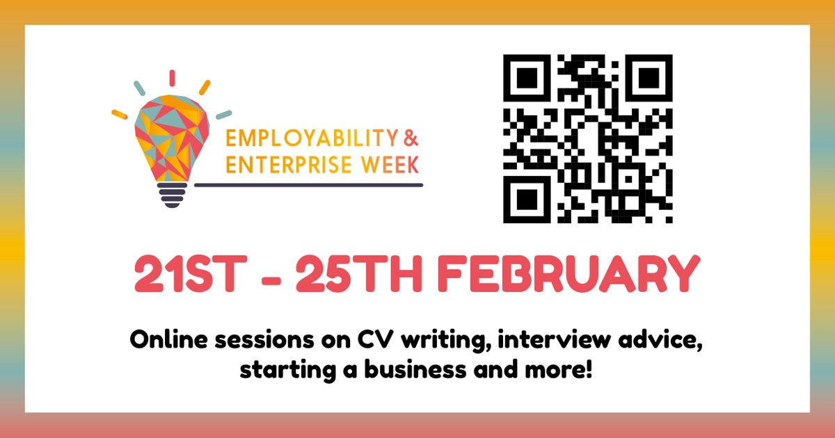 NESColAdvice's tweet photo. Employability and Enterprise week is here! Check out the schedule via the QR code below or using the following link - https://t.co/EFLpIQZnDq - to find out more about the online sessions taking place this week! #nescollife https://t.co/CufxGzcRtd