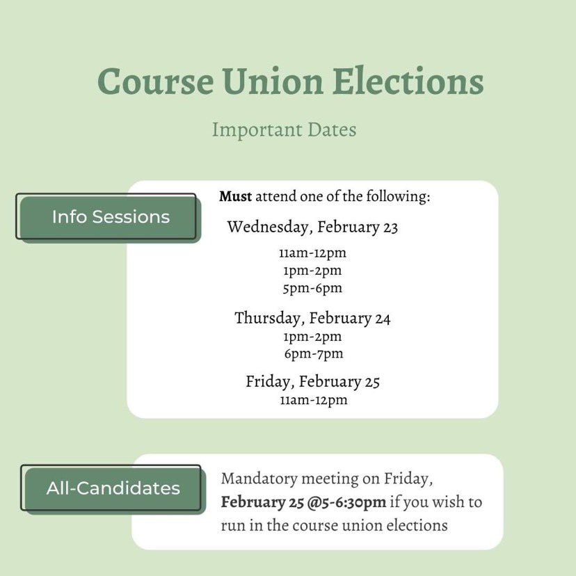 RyersonHistory's tweet photo. Course union elections are upon us.
If you are planning on running you must attend one of the information sessions as well as the all-candidates meeting. Both are mandatory in order to run for a position. https://t.co/9VJOzEEOAe