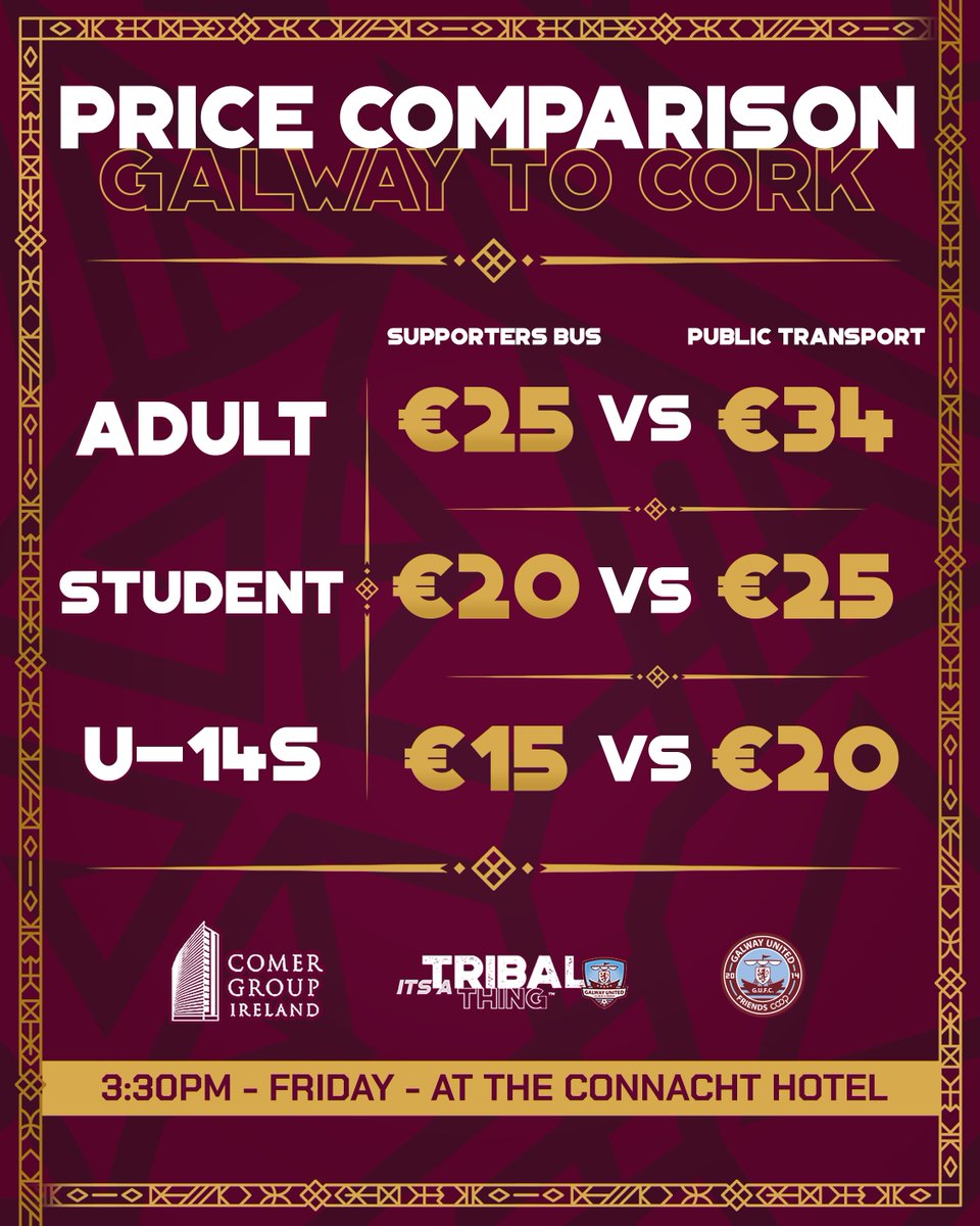 GalwayUnitedFC's tweet photo. 𝗦𝗔𝗩𝗘 𝗠𝗢𝗡𝗘𝗬 𝗪𝗜𝗧𝗛 𝗧𝗛𝗘 𝗦𝗨𝗣𝗣𝗢𝗥𝗧𝗘𝗥𝗦 𝗕𝗨𝗦 🚌

𝟯:𝟯𝟬𝗣𝗠 - 𝗙𝗥𝗜𝗗𝗔𝗬 - 𝗖𝗢𝗡𝗡𝗔𝗖𝗛𝗧 𝗛𝗢𝗧𝗘𝗟 📍

🎟️ 𝗔𝗗𝗨𝗟𝗧: https://t.co/cBle3oNgyE
🎟️ 𝗦𝗧𝗨𝗗𝗘𝗡𝗧: https://t.co/b4veyUY04s
🎟️ 𝗨𝟭𝟰𝗦: https://t.co/eTprqu36x8

#ItsATribalThing | @Reaneys 🚌 https://t.co/JqtSgju5Ki