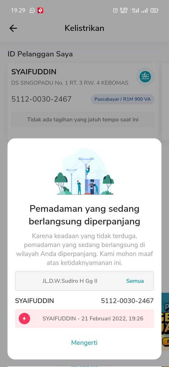 Maw melaporkan min <a href="/pln_123/">PT PLN (Persero)</a> sdh hampir 9 jm listrik mati di tmpt saya da hampir 5 rumah mati listriknya sdh tlp jg lwat PLN mobile tapi msh blm ada ptugas,listrik mati jm 4 sore laporan jm 7 smpai sekrang msh blm menyala wlyh Gresik singorejo RT3 RW4 dahanrejo kebomas gresik