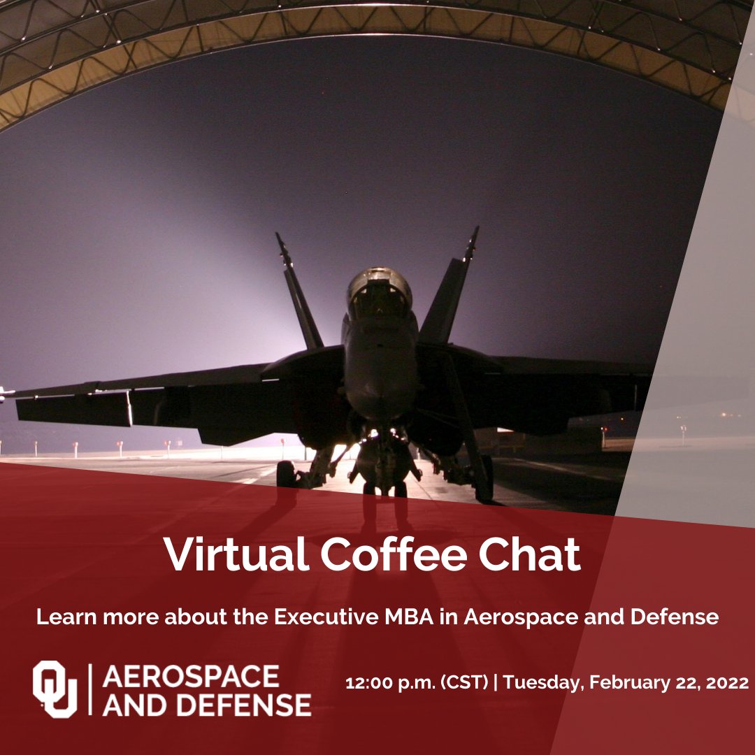 OU_MBAOKC's tweet photo. Join us TOMORROW at noon for a Virtual Coffee Chat to ask any questions you have about getting your Executive MBA in Aerospace and Defense!

Register here: https://t.co/bsCDPdTmiu

#OUMBA  #aerospaceanddefense @oupricecollege https://t.co/8T7VWxfxfG