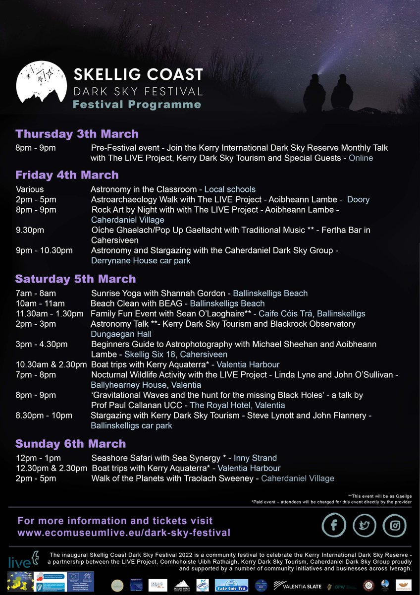 SCDarkSkyFest's tweet image. We are delighted to finally share our full programme for the Skellig Coast Dark Sky Festival 2022!
Details of the individual events and booking information can be found at ecomuseumlive.eu/dark-sky-festi…
#SkelligCoastDarkSkyFestival #SkelligCoast #Iveragh #DarkSky