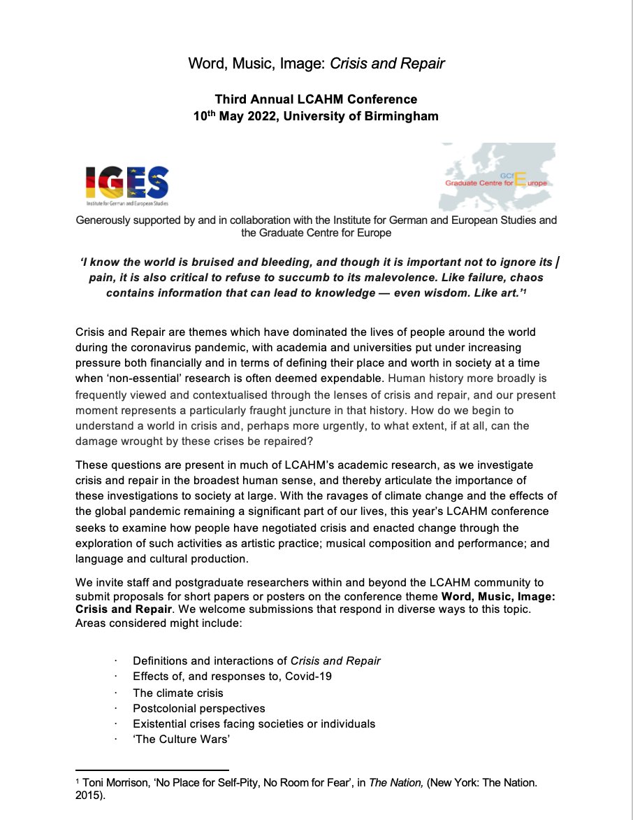 A gentle reminder that the CfP for this year's @LCAHM_UoB conference closes one week today, Monday 28th February! 

This year's conference, entitled 'Crisis and Repair,' will take place on 10th May. 

For more information, please contact: lcahmconference@contacts.bham.ac.uk