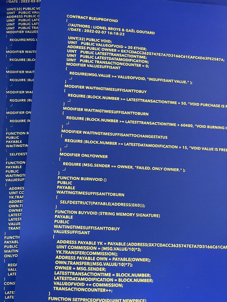 Smartcontract Deep Blue.
bleuprofond.art

Gold screen printing on Adiron Blue 270g - 32x45 cm. 

#art #sceenprinting #blockchain #smartcontract #solidity #NFT #NFTs #Crypto #cryptoart