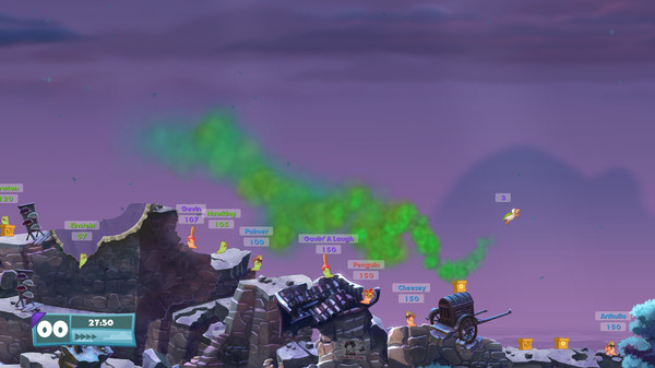 An in-game screenshot from Worms W.M.D. Showing multiple Worms on a snowy map, with green gas clouds above them