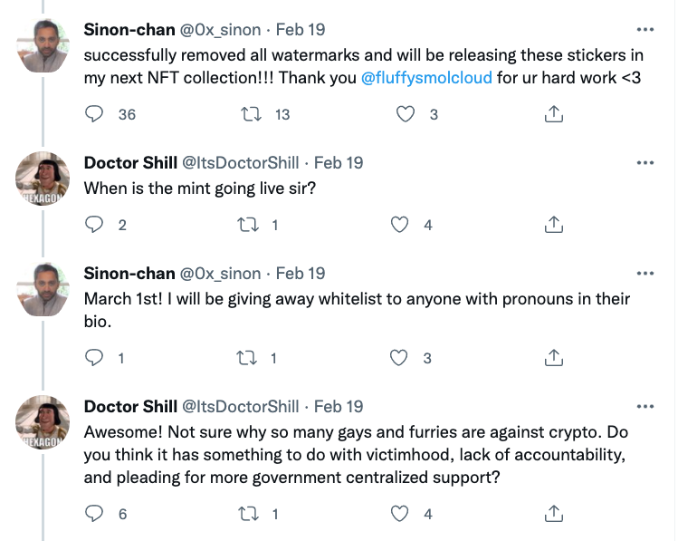 NFTtheft's tweet photo. These two crypto-trolls are sending harassing messages to artists on Twitter and threatening to mint their work as NFTs. This truly is a hellsite sometimes. https://t.co/kBRuUHUyuM