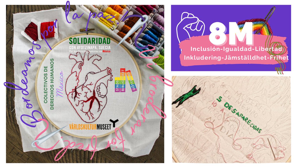 #Internationellakvinnodagen #göteborg

7/3 Webinar: Kvinnornas kamp i Mexiko 
facebook.com/events/5358536… 
9/3 Workshop: Brodera med Bordeamos por la paz, <a href="/Varldskultur/">Världskulturmuseet</a> 
facebook.com/events/1314678… 
9/3 Seminar: Kvinnors aktivism i Mexiko. Världskulturmuseet
facebook.com/events/5194348…