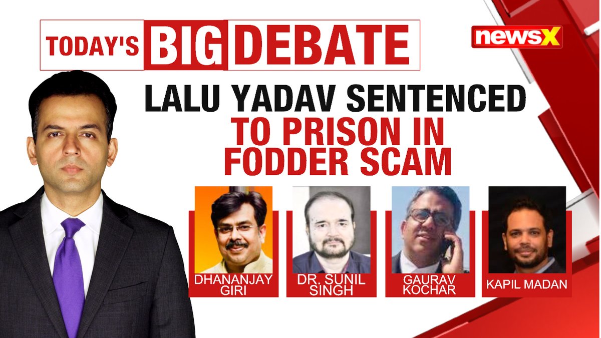 NewsX's tweet photo. #FodderScamVerdict| RLD Supremo Lalu Prasad Yadav, today, was sentenced to 5 years of imprisonment. What lies in the future for Laluji?
.
.
.
Vineet Malhotra (@malhotravineet7) discusses on the debate.
Watch it on #NewsX YouTube.
https://t.co/7dhi5UUznh https://t.co/8WAkixOeU2