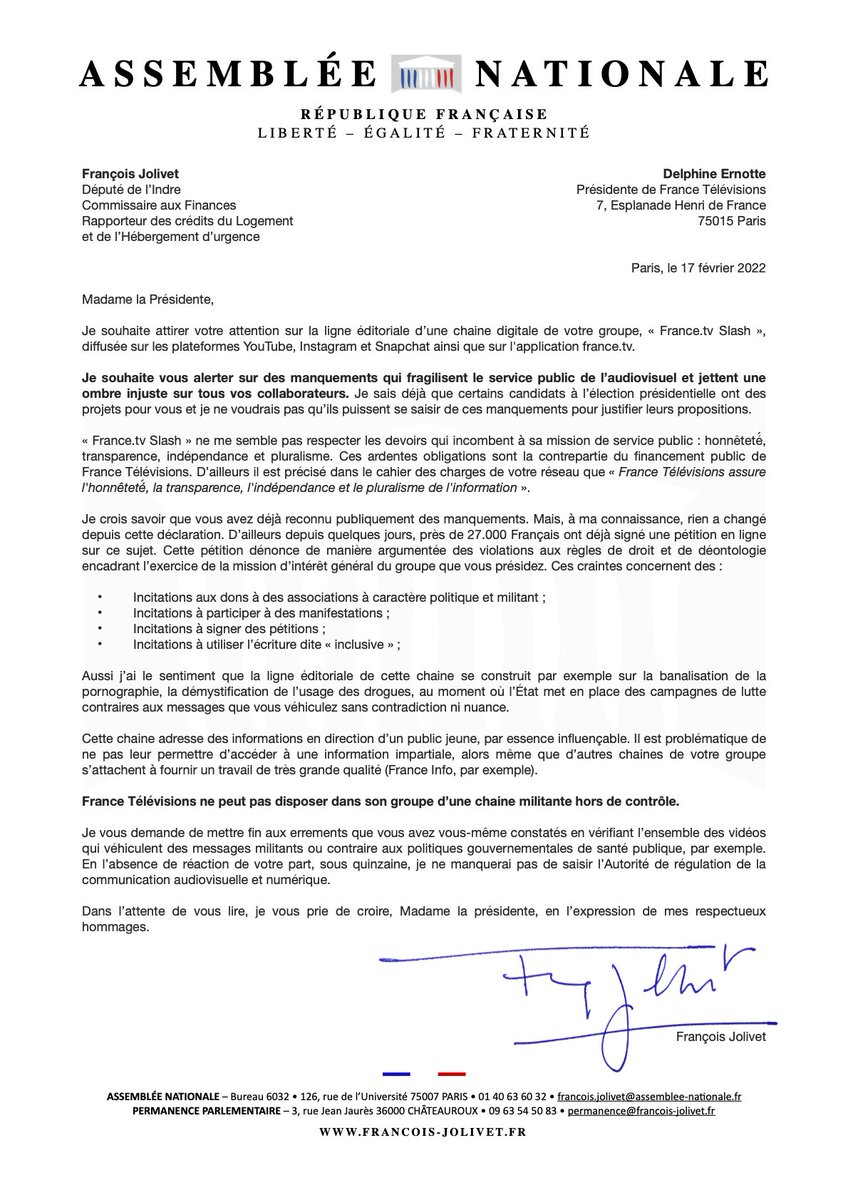 Le député LREM/Horizons <a href="/FJolivet36/">François Jolivet</a> adresse un courrier officiel à <a href="/DelphineErnotte/">Delphine Ernotte Cunci</a> : «<a href="/Francetele/">France Télévisions</a> ne peut pas disposer ds son groupe d'une chaîne militante hors de contrôle.» 
<a href="/DelphineErnotte/">Delphine Ernotte Cunci</a> <a href="/dumontflorent/">Florent Dumont</a> <a href="/stephanesg/">Stéphane Sitbon-Gomez</a> <a href="/antuan/">antonio grigolini</a> #PasAvecMaRedevance, toujours une « manœuvre » ? »