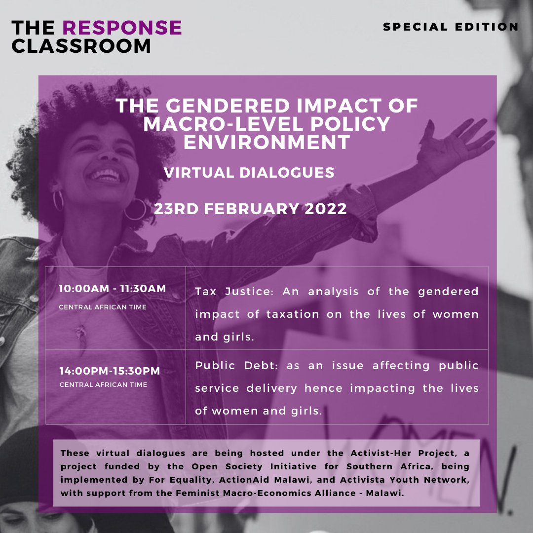 forequality_mw's tweet photo. Have you registered yet?
Join us on the 23rd of February for our virtual dialogues on "The Gendered Impact of the Macroeconomics", a discussion that will look into Tax Justice and Public Debt.
Register in advance for this webinar:
https://t.co/7KrKrPveOM
See you there! https://t.co/yTz4X0SbzM