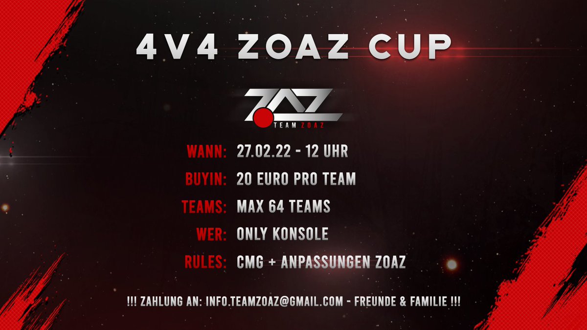 - ZoAz Millennium Cup -
Anmeldelink: forms.gle/ebfekmDLPNhW3t…
Paypal: paypal.me/TeamZoAz/20
Sonntag: 27.02.22
Cons Only
CMG Rules
4v4 SND