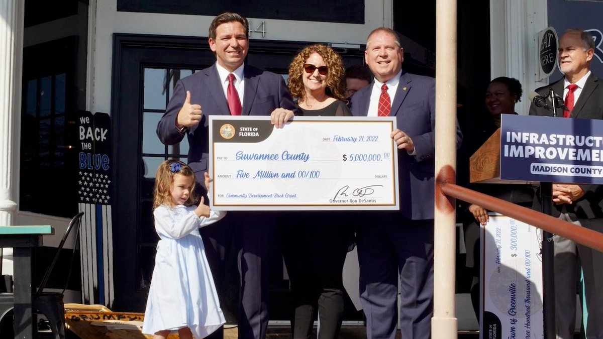 GovRonDeSantis's tweet photo. My administration is committed to supporting rural communities &amp; our small cities with the funds they need to improve infrastructure that benefits Florida families &amp; small businesses. Glad to be in Madison County to award nearly $11 million for communities across North Florida. https://t.co/tLieQQqZCD