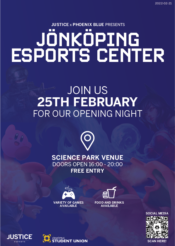 Welcome to JÖNKÖPING ESPORTS CENTER! Our new gaming venue presented by JUSTICE Esports x <a href="/PhoenixBlueGG/">Go to @PXBgg instead :)</a>!

Join us 25th February for a fun day filled with exciting gaming activities, ranging from Just Dance to CS:GO!

Free entry!
Doors open 16.00 - 20.00
Food and drinks available!
